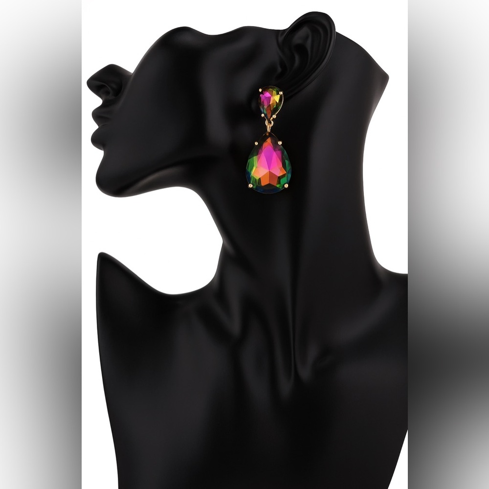 GOLD COLORFUL IRIDESCENT PRISM STATEMENT CHUNKY EARRINGS - Picture 4 of 4